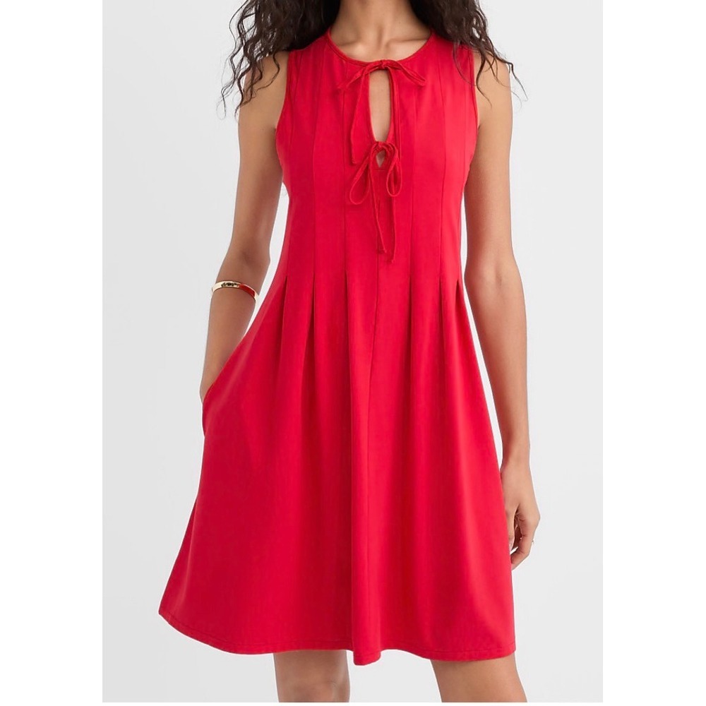 LOFT NWT Pintucked Bow Mini Pocket Dress Maple Cherry Red Large L